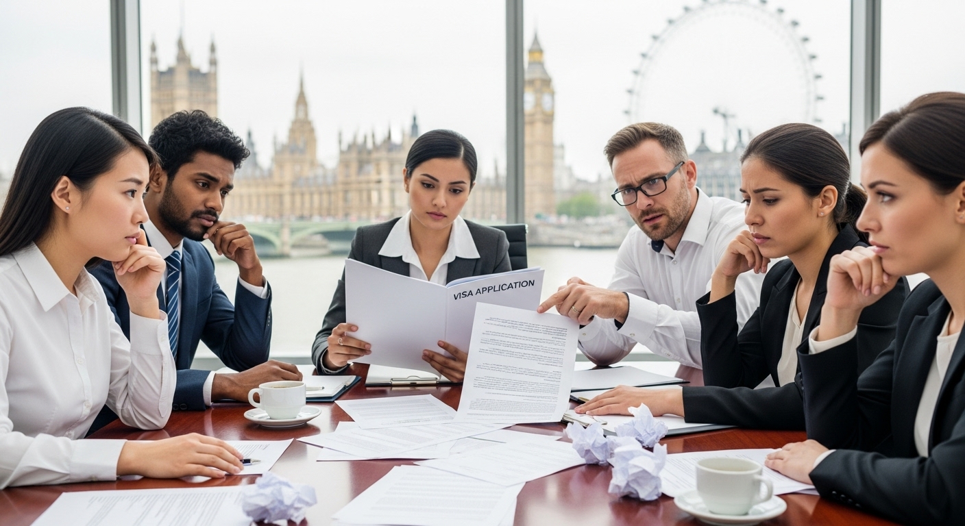 A diverse group of expats looking confusedly at complex legal documents, with a blurry background of London landmarks. The scene is professional and slightly stressed, depicting the challenges of immigration. Photorealistic.