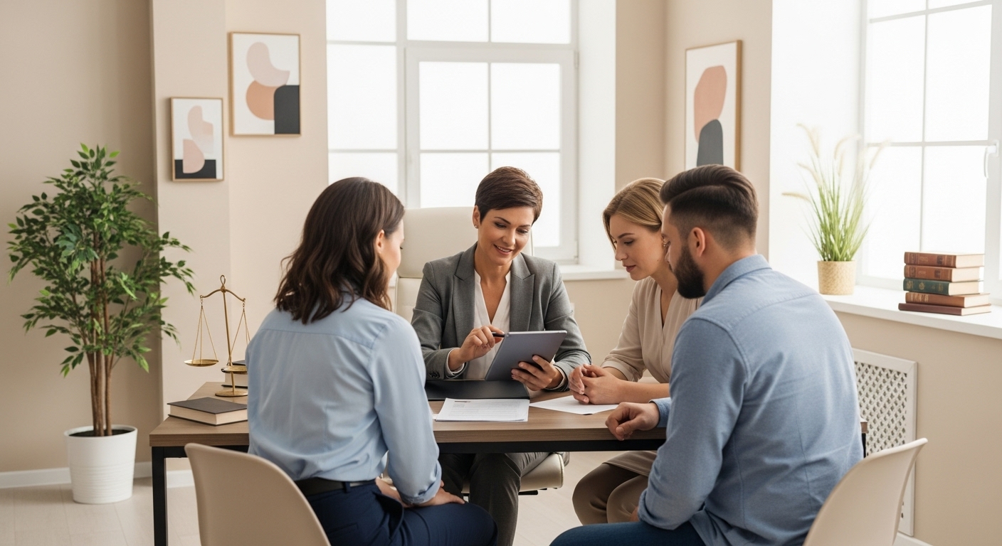 A professional immigration lawyer, a woman in her late 40s with a warm but authoritative demeanor, advising a young expat couple in a modern, well-lit office. They are looking at documents on a tablet. The setting is clean and reassuring. Photorealistic.