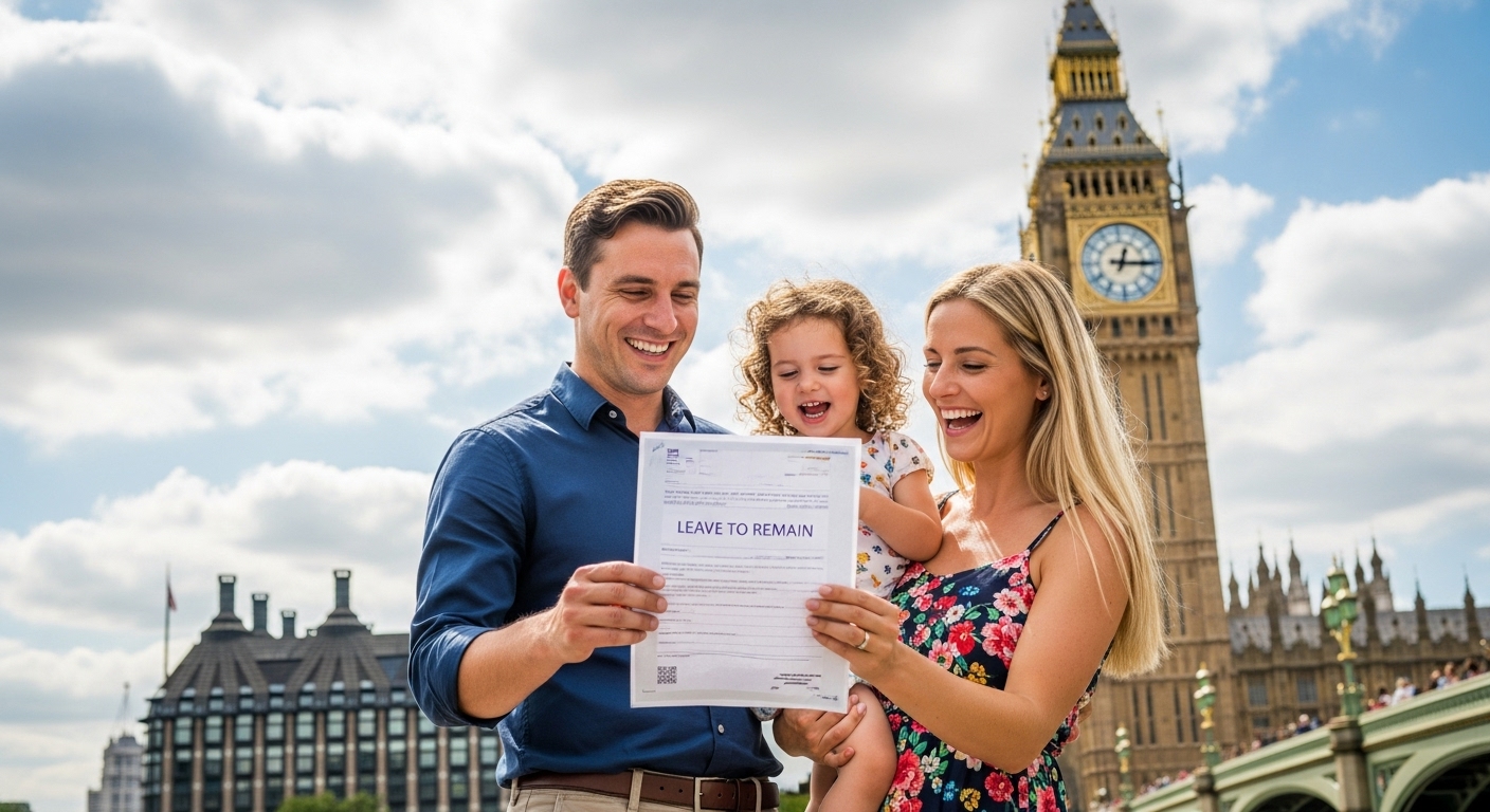 A family of three, an expat couple and their young child, smiling happily and looking at a 'leave to remain' document in their hands, standing in front of a famous UK landmark like Big Ben, symbolizing successful integration. The mood is joyful and hopeful. Photorealistic.