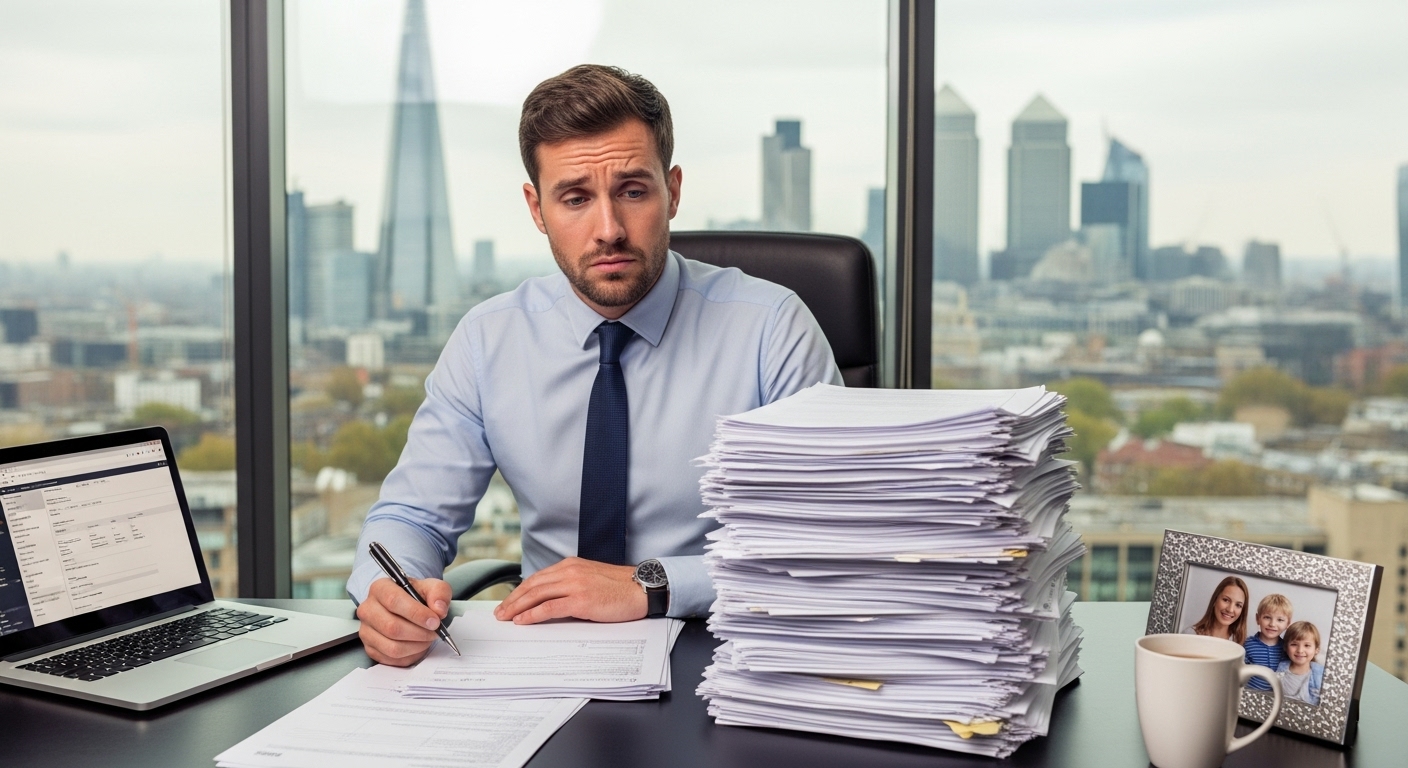 A photorealistic image of a professional Caucasian male expat in his late 30s, looking slightly perplexed at a stack of UK tax documents on his desk. In the blurred background, a modern London skyline with prominent landmarks is visible through a window. The lighting is soft and professional.