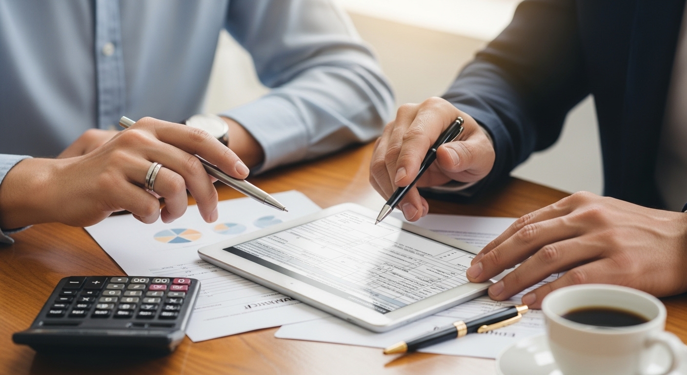 A close-up, photorealistic shot of two pairs of hands, one belonging to an accountant (wearing a subtle ring) and the other to a client (an expat), collaboratively reviewing a digital tax form or financial statement on a tablet. A calculator, a pen, and a cup of coffee are visible on the polished wooden desk. The focus is sharp on the screen and hands.