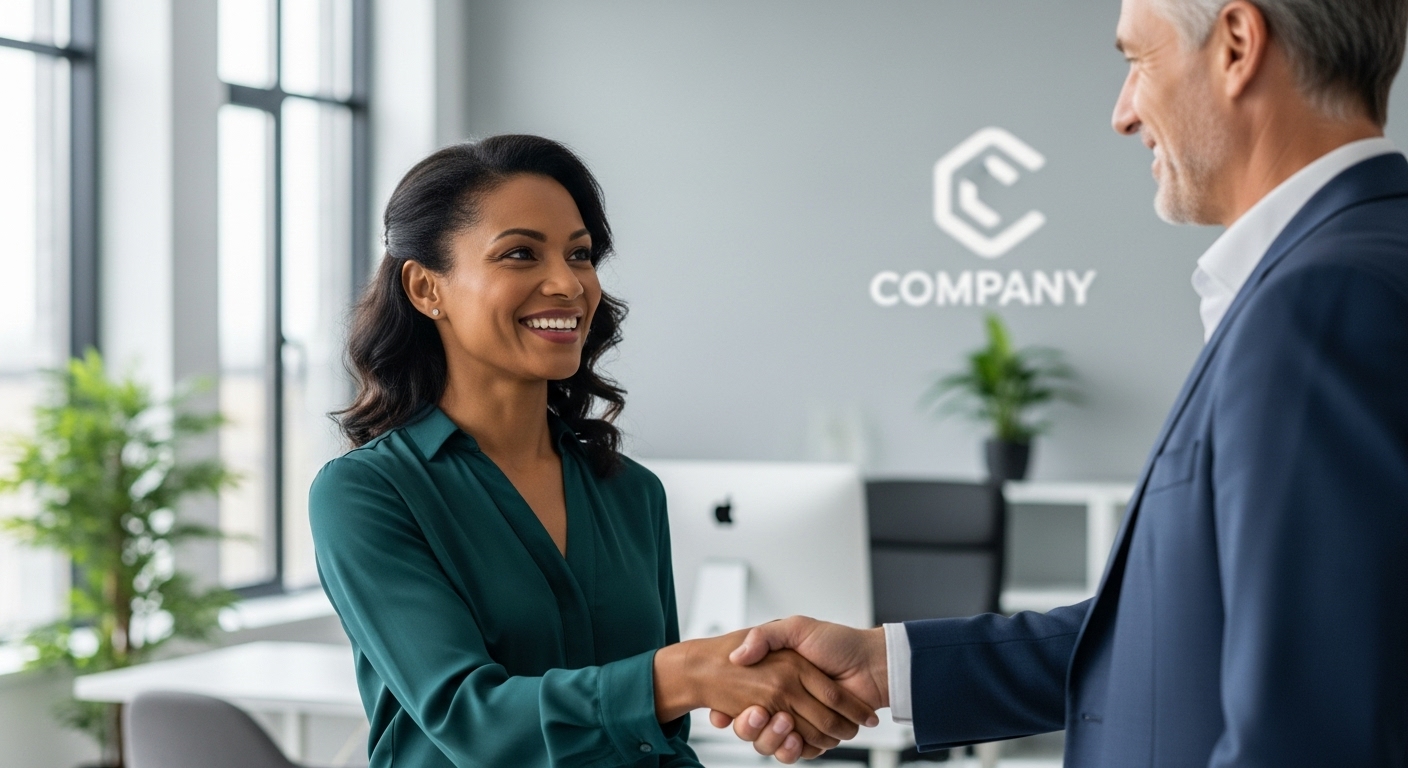 A photorealistic image of a diverse expat woman in her early 40s, smiling confidently and shaking hands with a professional, experienced accountant (Caucasian male, late 50s) in a bright, modern office. The background shows a clean, organized workspace with a subtle company logo on the wall, conveying trust and professionalism.