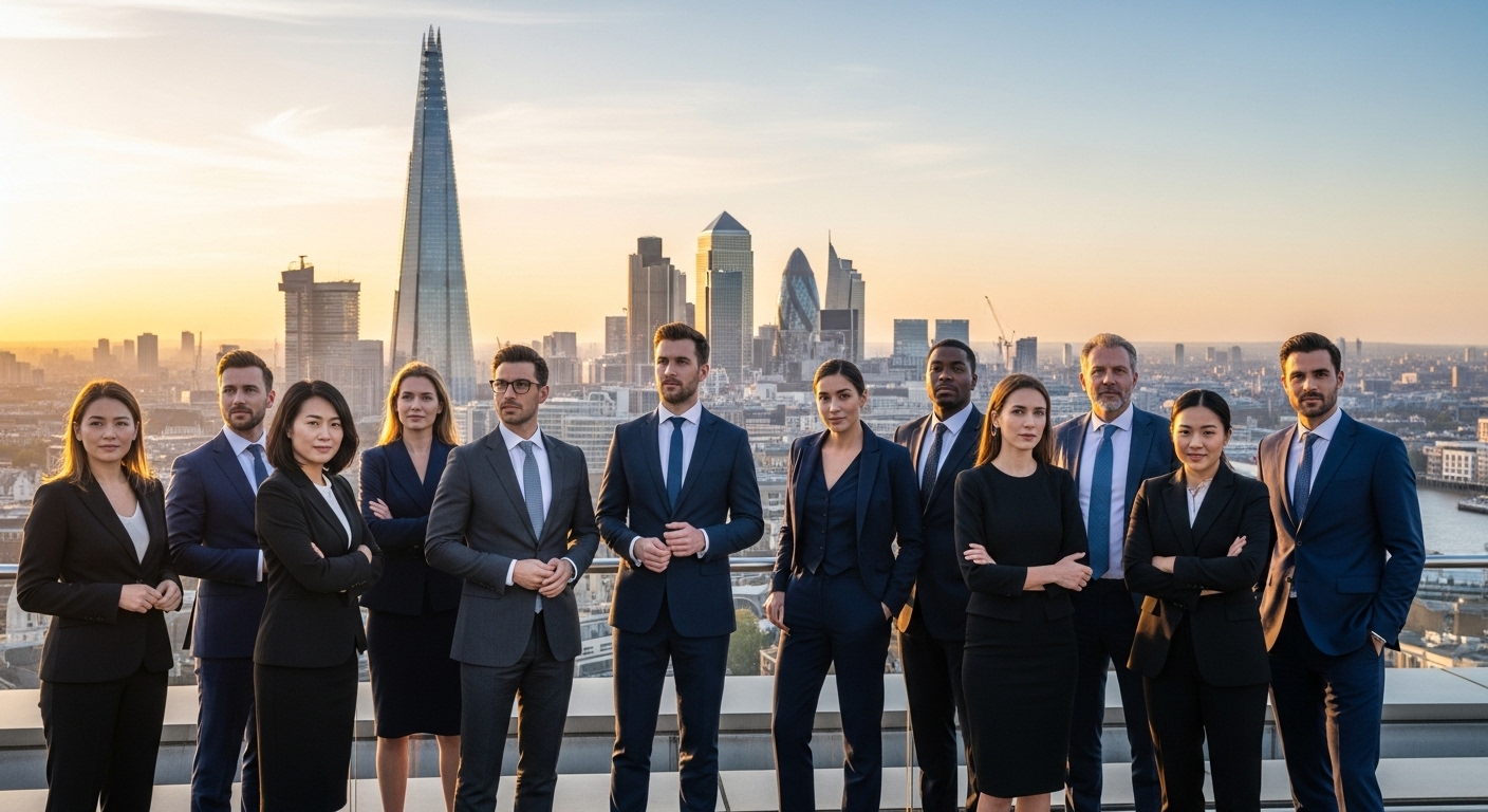 A diverse group of international business professionals in formal attire, looking confidently at the iconic London skyline with modern skyscrapers, conveying ambition and global connectivity. Photorealistic, wide shot.