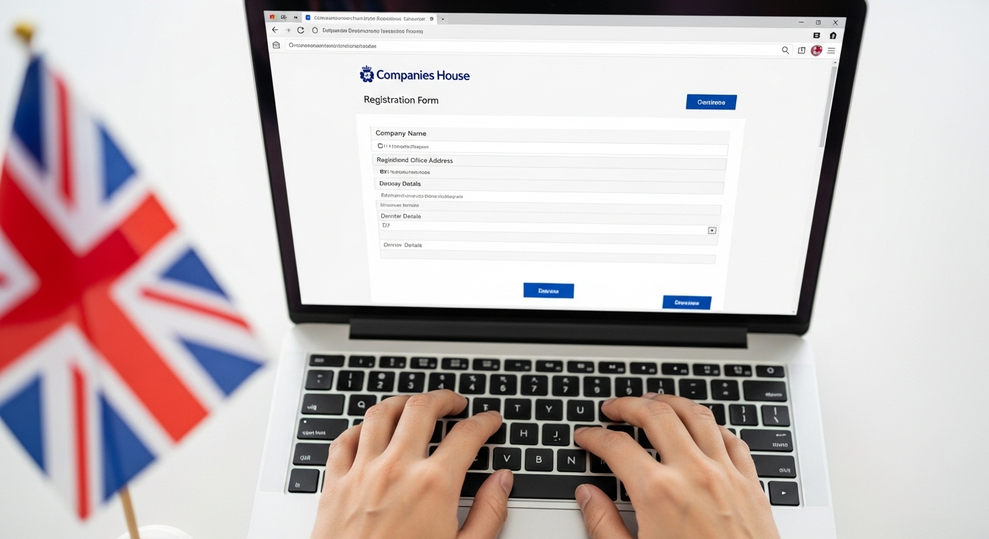 A close-up, high-angle shot of a person's hands typing on a laptop keyboard, with a partially filled Companies House online registration form visible on the screen. A subtle, blurred background shows a miniature UK flag or a Union Jack pattern, emphasizing the UK context. Photorealistic, professional.