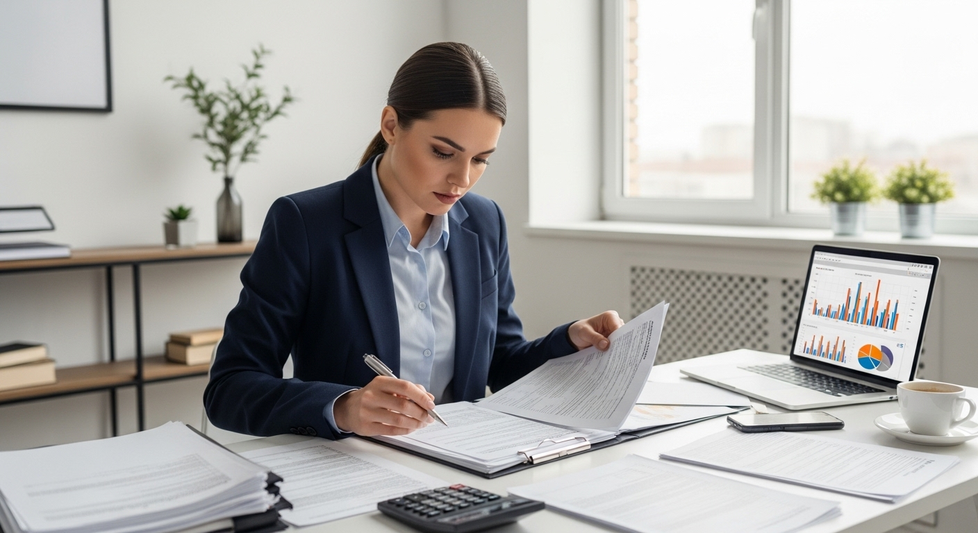 A professional-looking accountant or financial advisor, perhaps a woman in her late 30s, meticulously reviewing complex tax forms and legal documents on a modern desk in a well-lit, minimalist office. A laptop screen in the background displays financial graphs. Photorealistic, focused.