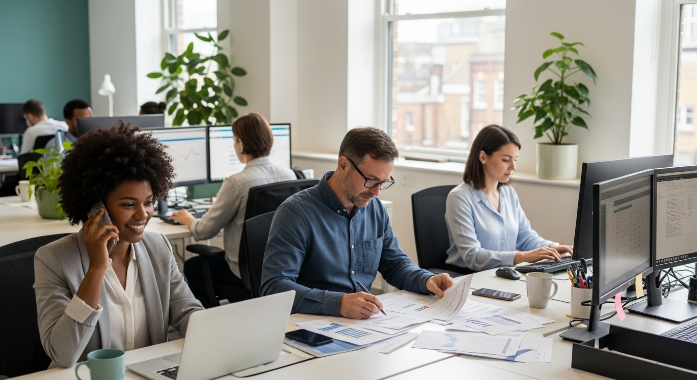 A diverse team of employees working diligently in an open-plan, modern UK office. One person is on a video call, another is reviewing documents, and a third is typing on a computer, depicting a compliant and productive work environment.