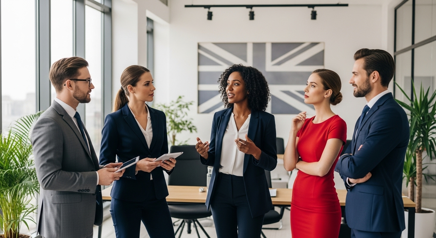 A diverse group of professional expats in business attire, looking confident and engaged in a modern office setting, with a subtle UK flag element in the background, high-resolution and realistic.