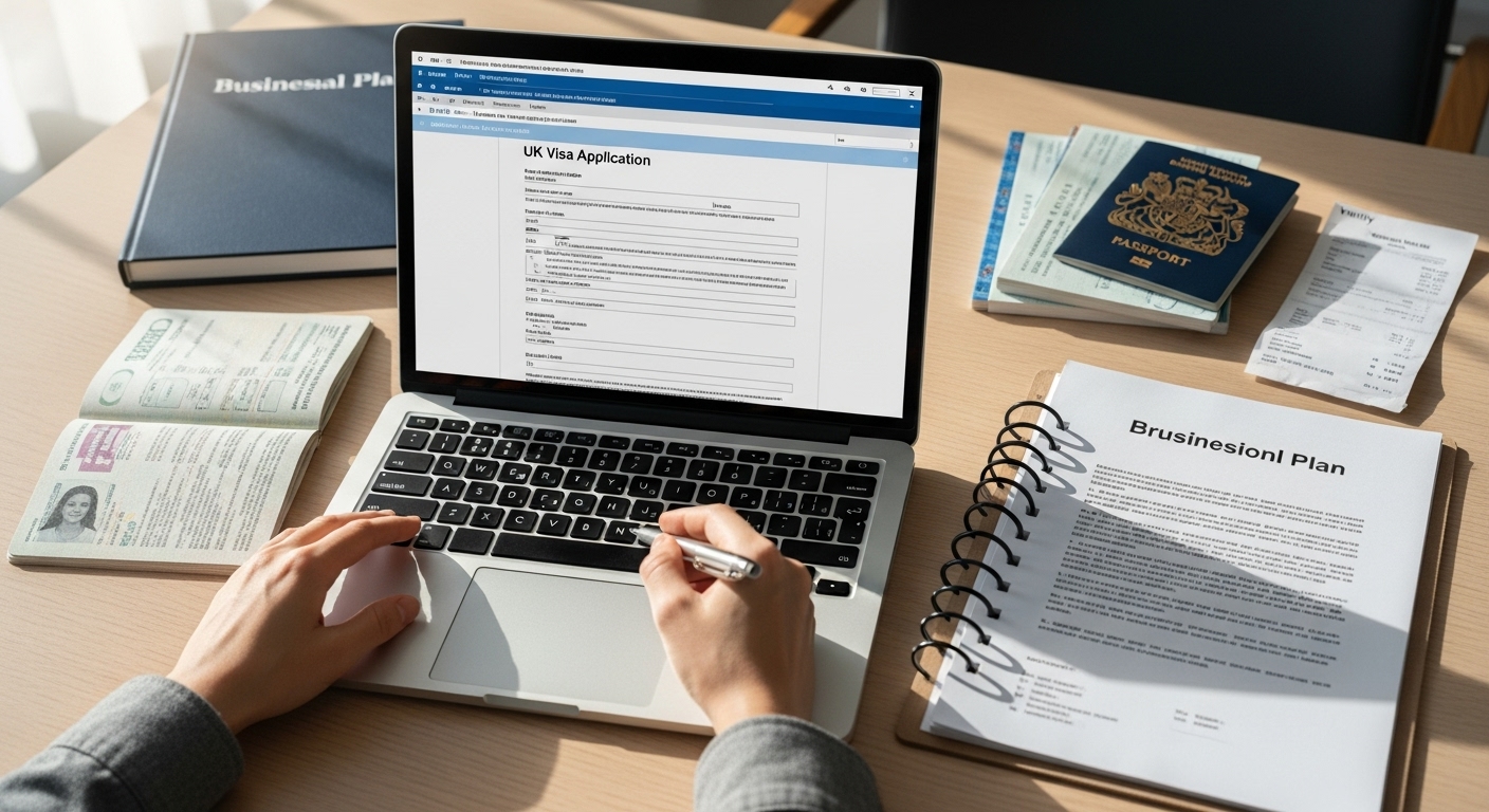 A close-up, high-angle shot of a hand filling out a UK visa application form on a laptop, with various supporting documents like a passport, bank statements, and business plan spread neatly on a desk, in a clean and professional setting, natural light, realistic.