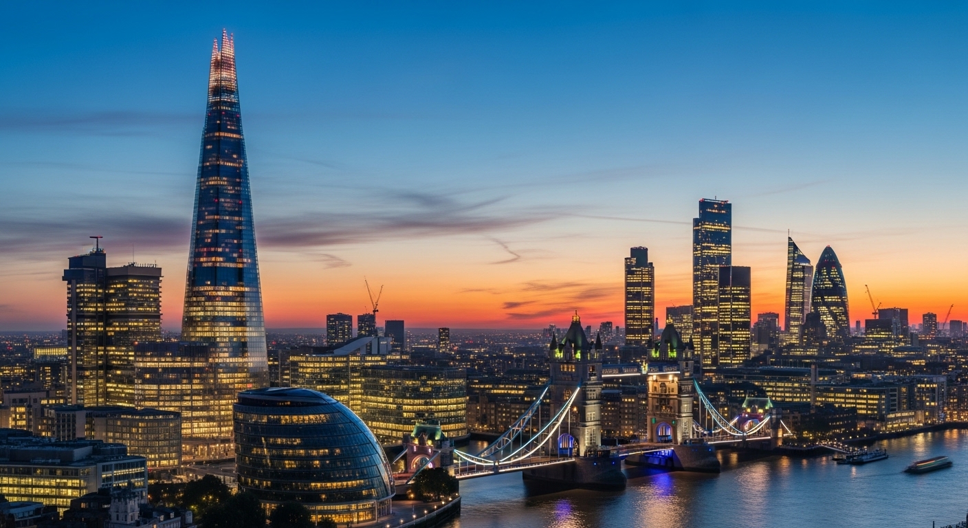 A panoramic view of the London skyline at dusk, featuring iconic landmarks like the Shard and Tower Bridge, symbolizing opportunity and success for international businesses and professionals, with a warm, inviting glow, highly detailed and photorealistic.