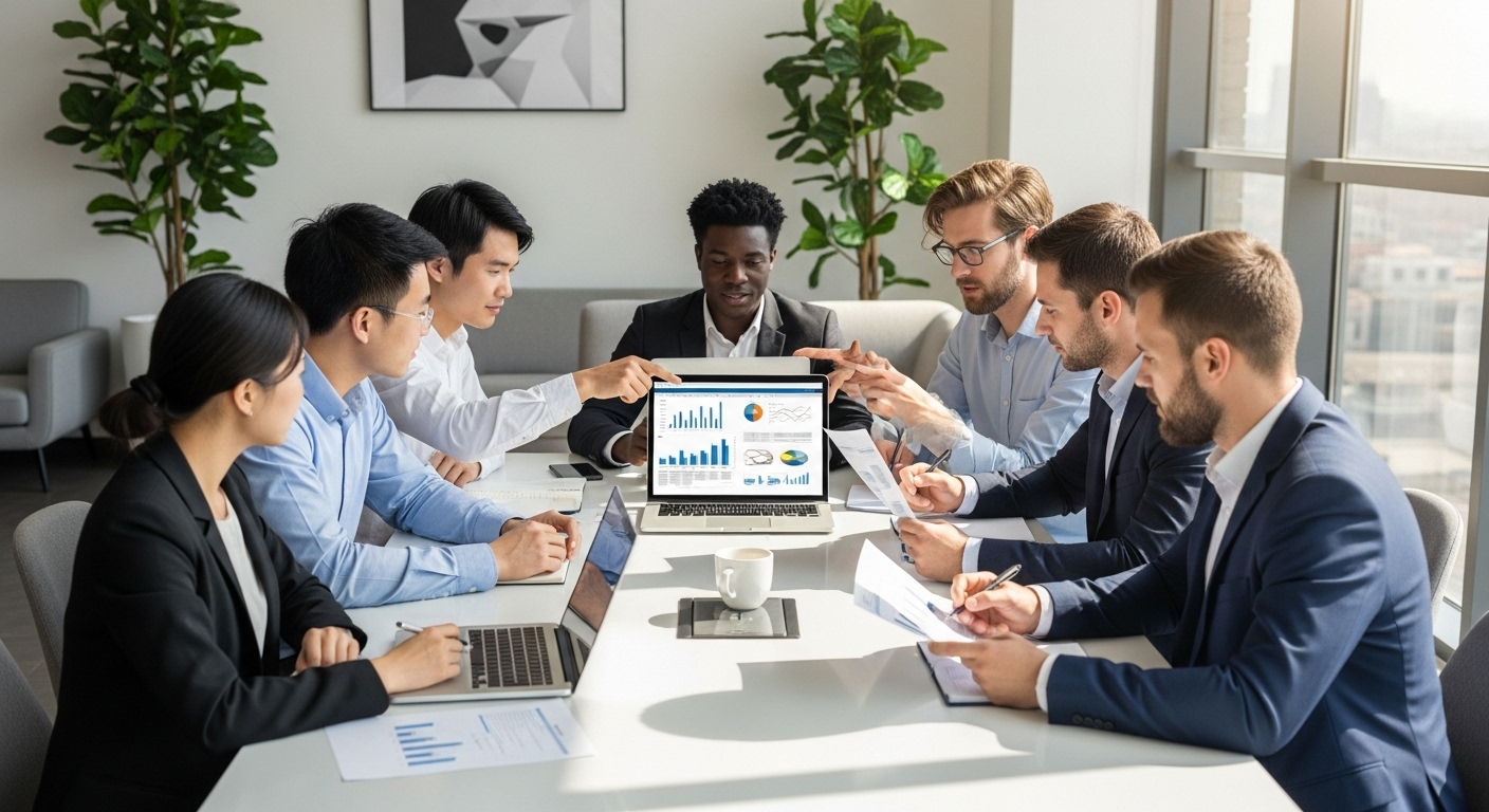 A diverse group of expat business professionals from various backgrounds, looking thoughtfully at laptops and financial documents in a modern, brightly lit co-working space, demonstrating collaboration and focused work. The setting is professional and slightly minimalist, with natural light streaming in.