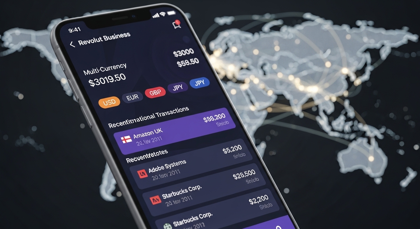 A sleek, modern smartphone displaying the Revolut Business app interface, showing multi-currency balances and recent international transactions. In the background, a blurred image of a global map with connecting lines, symbolizing international business. The lighting is crisp and professional.