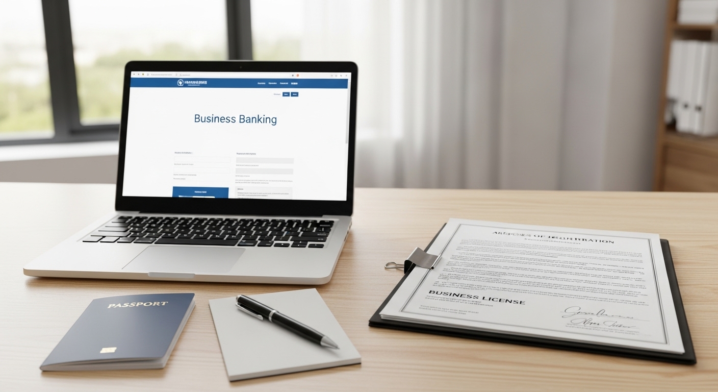 A well-organized desk setup with a laptop, a passport, business registration documents, and a pen, implying the meticulous preparation required for opening a business bank account. The scene is clean, professional, and well-lit.