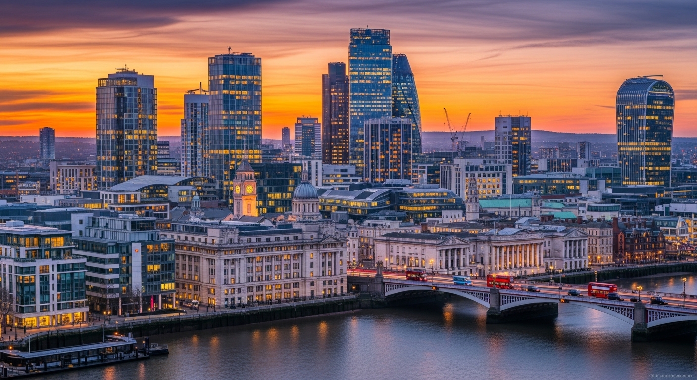 A wide shot of a bustling, modern UK city skyline at sunset, featuring a mix of residential towers, commercial buildings, and historical architecture, symbolizing diverse real estate investment potential. The sky has warm orange and purple hues, and lights are starting to twinkle in the buildings.