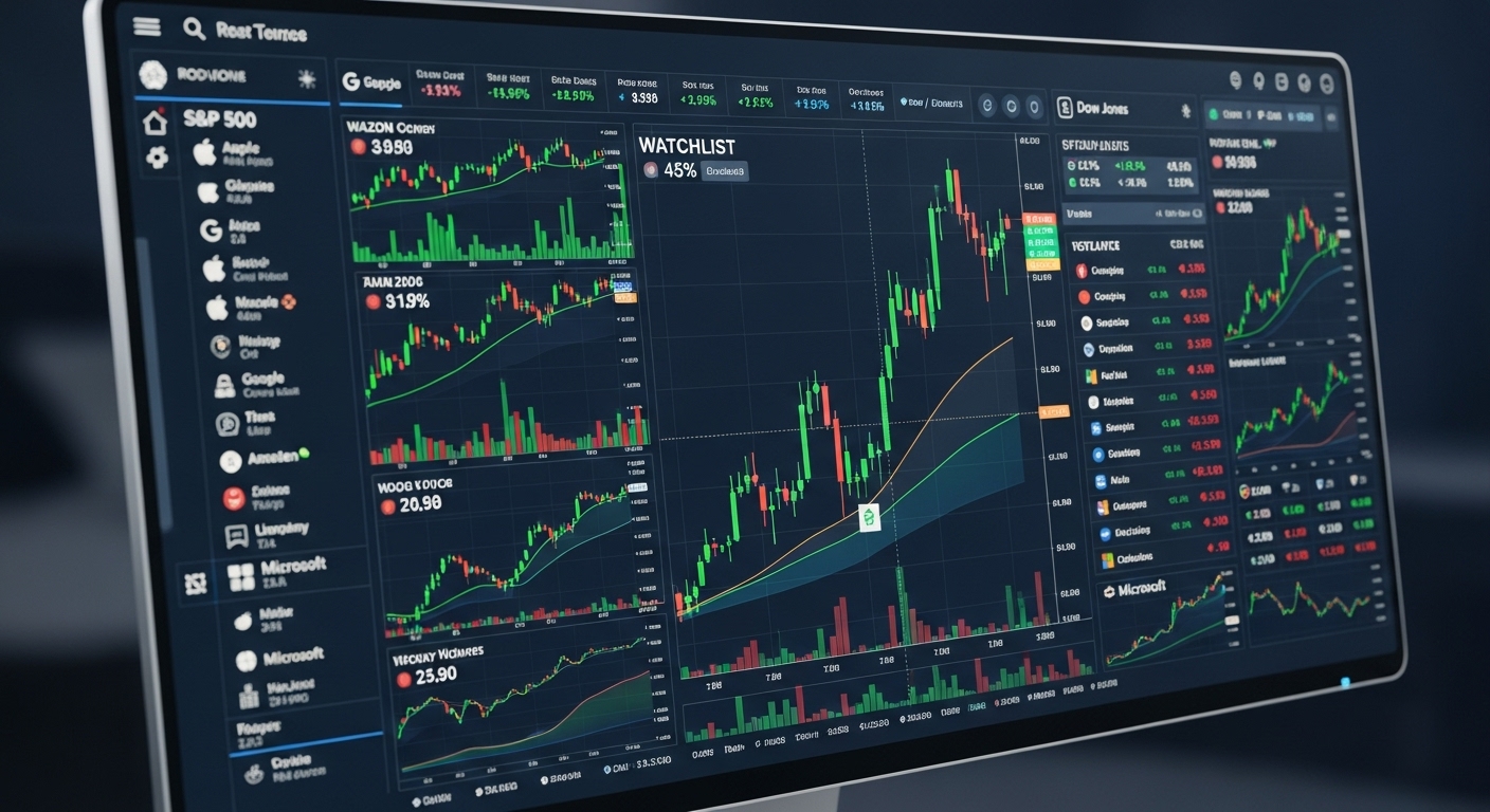 A professional-looking digital screen displaying a diverse stock market interface, showing real-time stock charts with upward trends, numerical data, and various company logos. The overall aesthetic is sleek and high-tech, indicating financial market activity.
