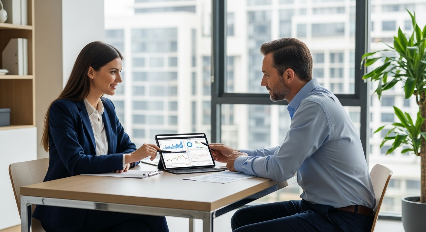A professional financial advisor, a well-dressed woman, is seated at a modern office desk, actively discussing investment strategies with a male expat client. They are looking at a tablet displaying financial data and documents. The atmosphere is collaborative and trustworthy, with natural light entering from a large window in the background.