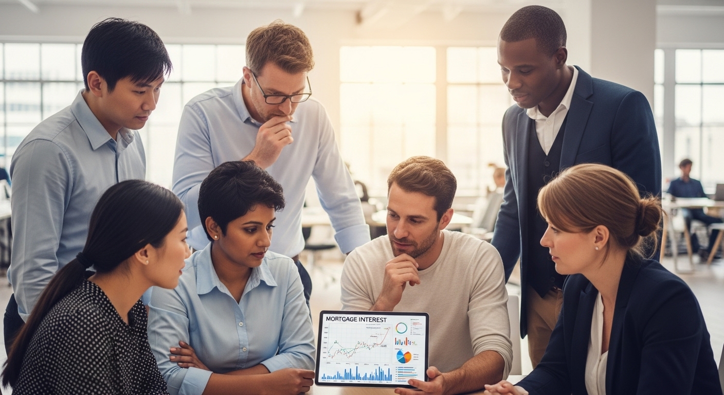 A diverse group of people, representing expats from different countries, looking thoughtfully at a digital tablet displaying mortgage interest rates and financial charts. The background is a modern, bright office setting. Photorealistic, professional, and slightly warm lighting.