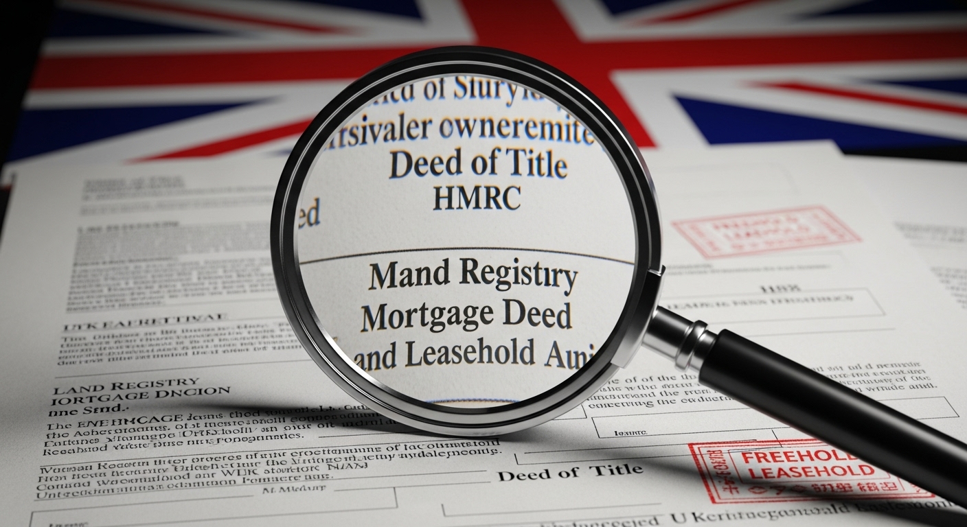 A detailed, close-up shot of a magnifying glass hovering over complex legal documents related to UK property ownership and mortgage agreements, with a British flag subtly blurred in the background. Professional, high-contrast, and focused.