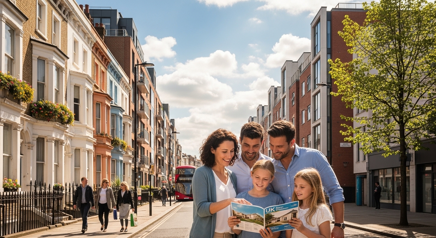 A vibrant, modern street in a bustling UK city, with various styles of residential buildings. In the foreground, a family, appearing to be expats, is smiling and looking at a brochure for UK properties. Bright, inviting, and hopeful atmosphere.