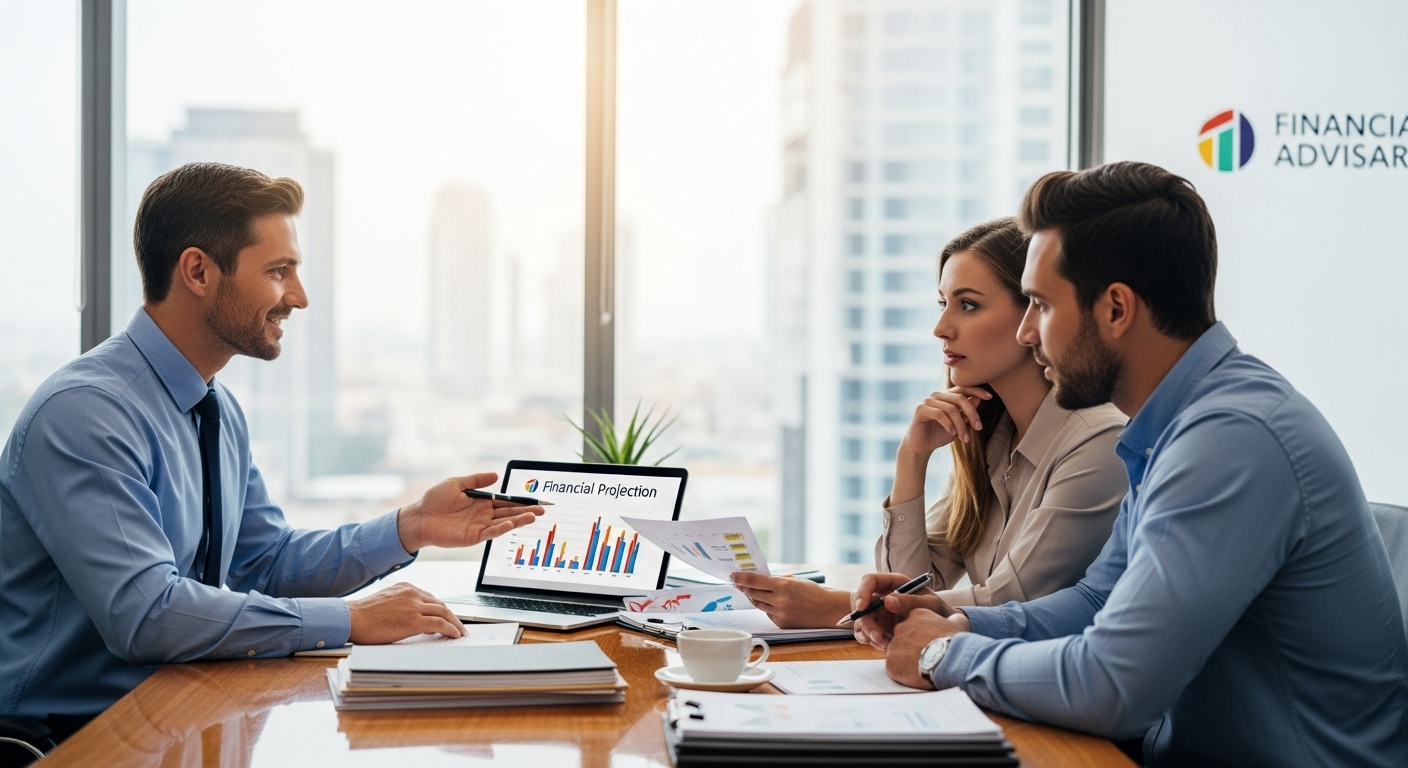 A professional accountant in a modern office setting, consulting with an expat couple who are looking at documents and a laptop, illustrating financial planning for international income. The scene is bright and professional, emphasizing trust and clarity.