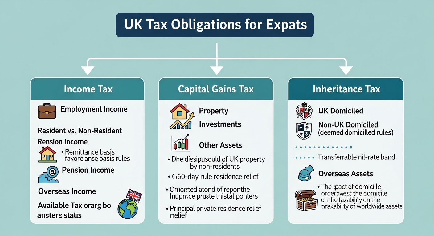 A detailed infographic or chart displaying the different categories of tax obligations for expats in the UK, such as income tax, capital gains tax, and inheritance tax, presented in a clear, easy-to-understand visual style with icons.