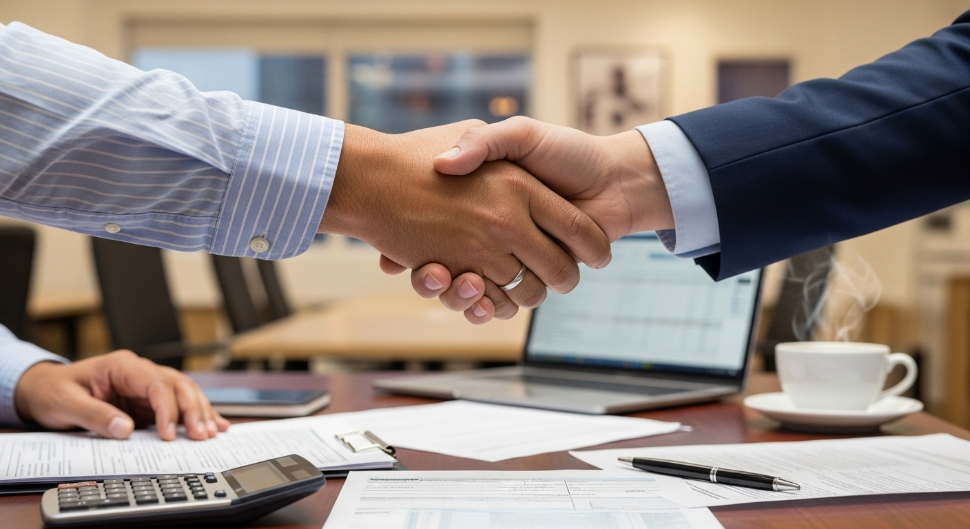 A close-up shot of hands shaking over a desk with financial documents, symbolizing a trusted partnership between an expat and their accounting professional. The background is a blurred office environment, conveying professionalism and collaboration.
