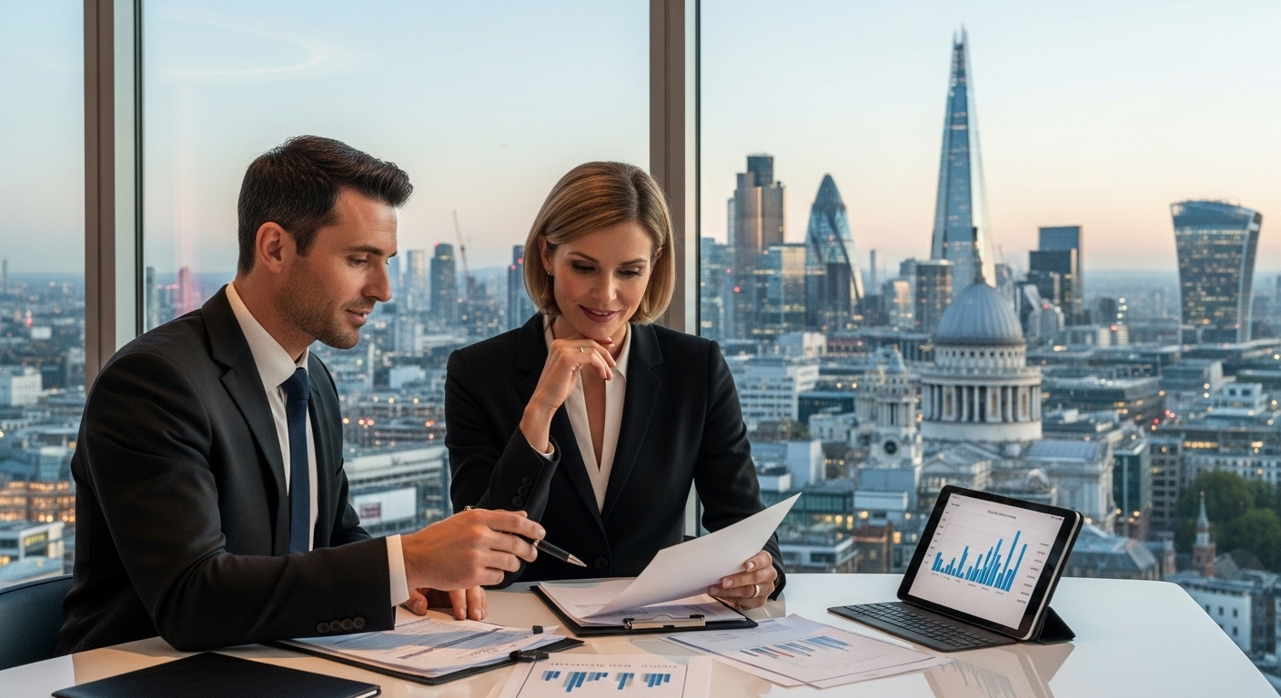 A sophisticated couple reviewing property investment documents with a panoramic view of the London skyline in the background, depicting a blend of modern and classic architecture.