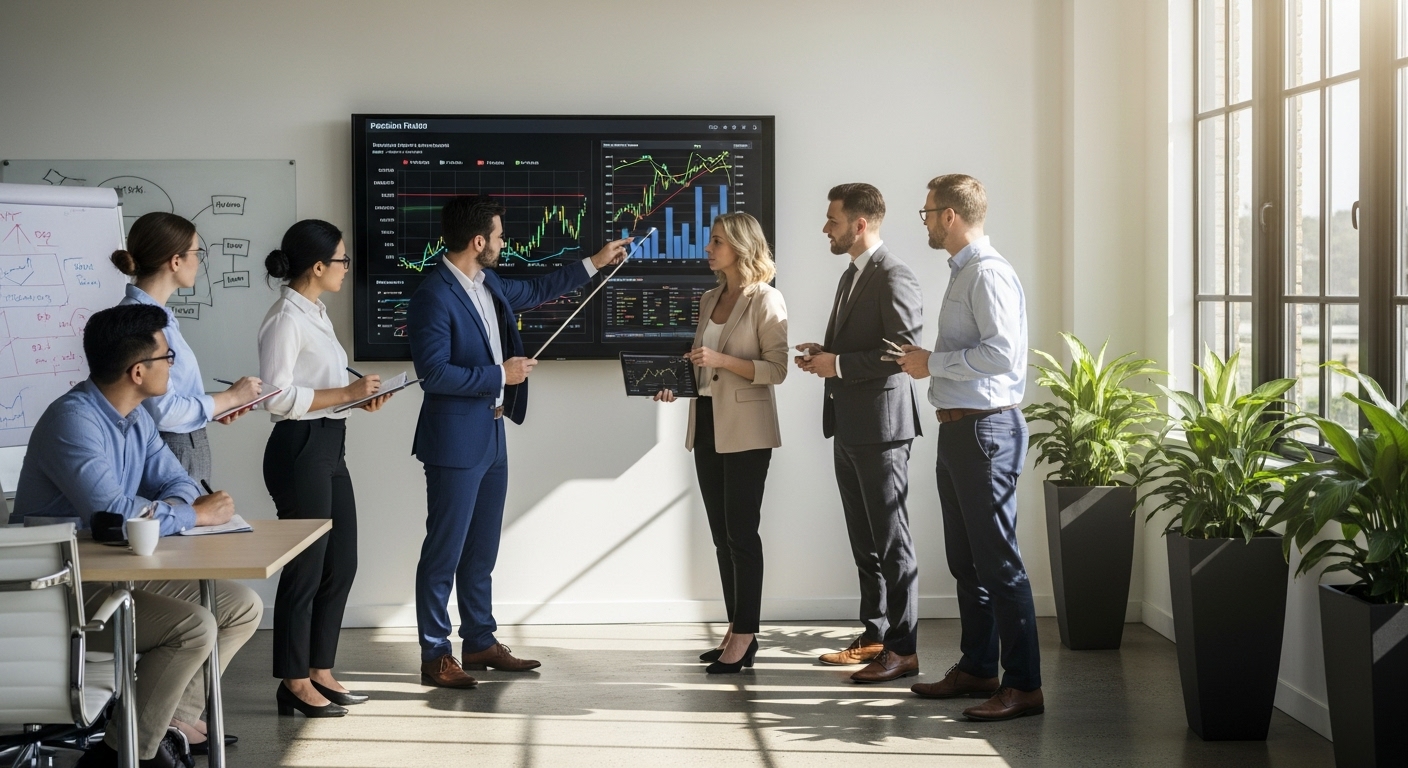 A diverse group of professionals in a modern, sunlit office collaboratively discussing financial charts on a large screen, symbolizing strategic pension planning and investment decisions.