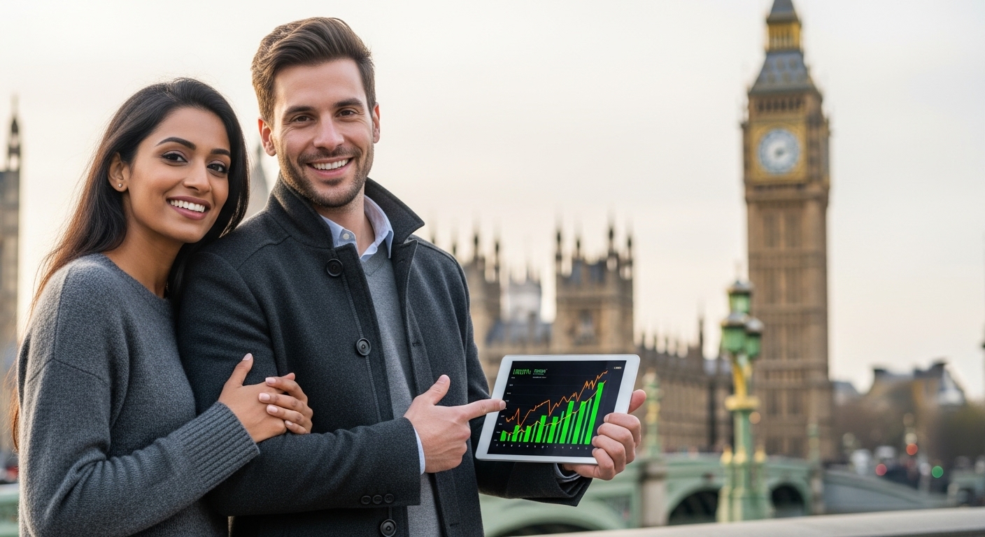 An expat couple smiling confidently, holding hands and looking at a tablet displaying financial growth graphs, with the iconic Big Ben and Houses of Parliament subtly blurred in the background, signifying successful UK investment.