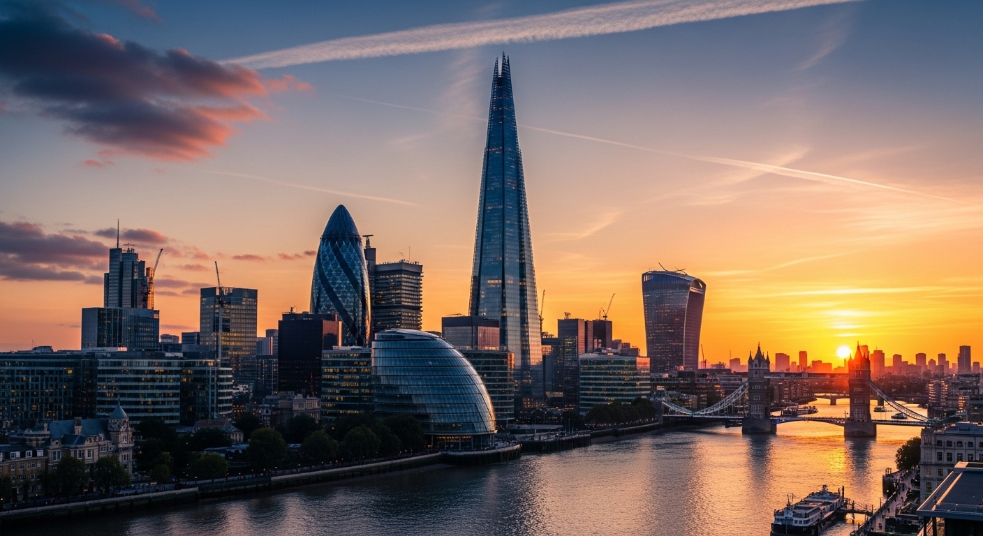 A wide-angle shot of the London skyline featuring the Gherkin and Shard buildings at sunset, representing global commerce and financial strength.