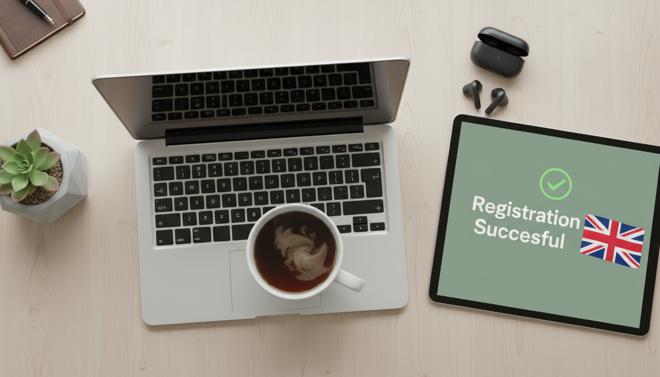 A top-down view of a modern desk with a laptop, a cup of British tea, and a digital tablet showing a green 'Registration Successful' checkmark next to a UK flag.