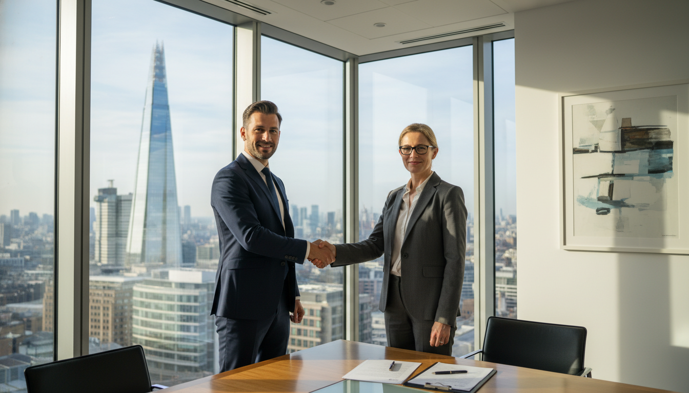 A professional expat entrepreneur shaking hands with a legal consultant in a modern London office overlooking the Shard, capturing a sense of partnership and success.