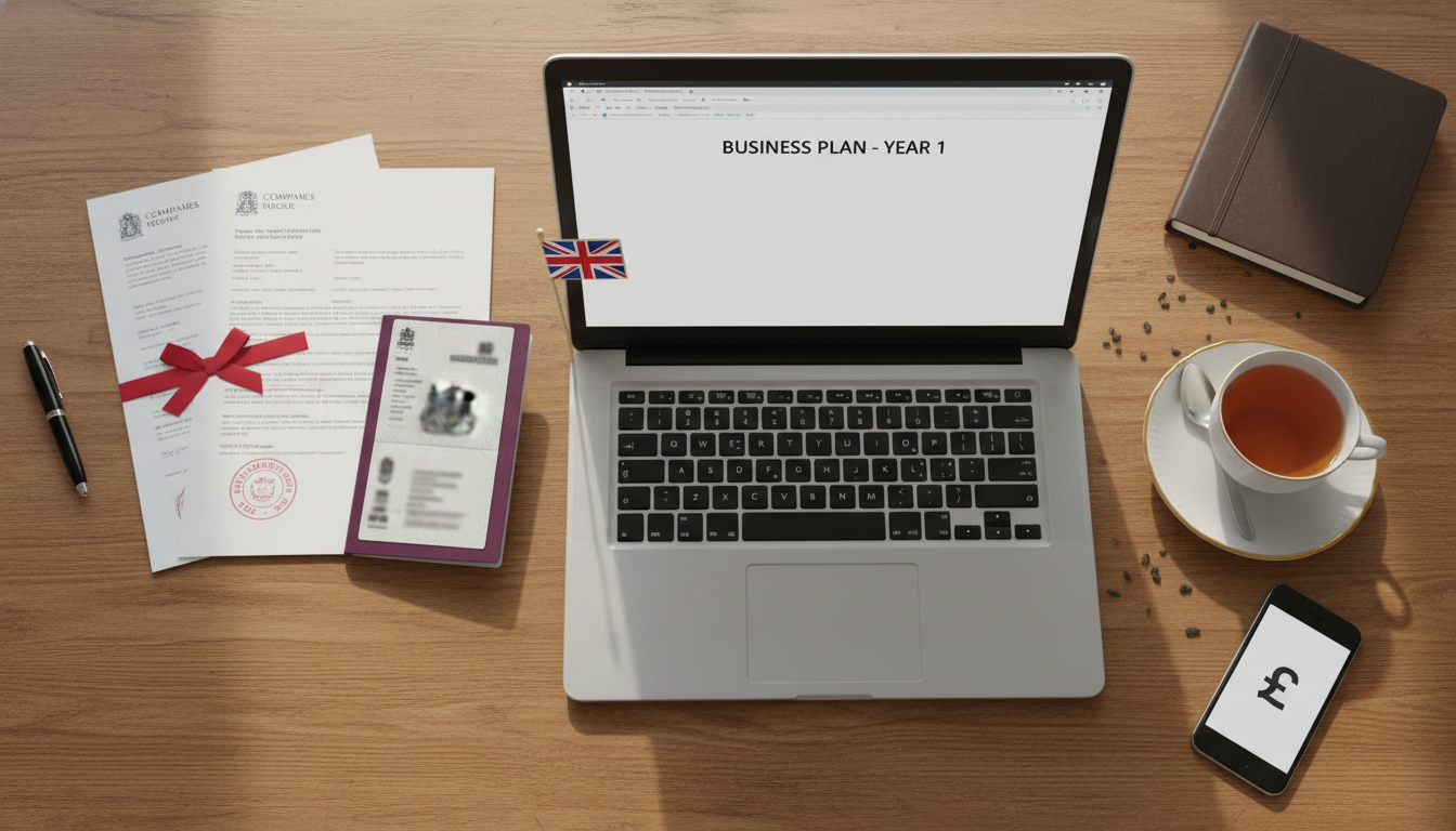 A flat lay of a laptop, UK company registration documents, a British passport, and a cup of tea on a wooden desk, symbolizing the start of a business journey in the UK.