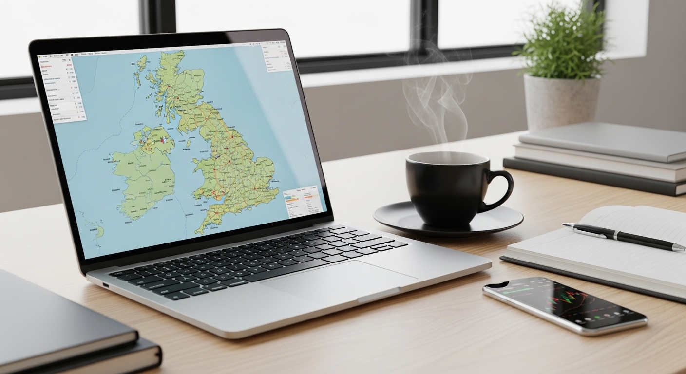 A clean, modern office desk with a laptop showing a map of the UK and a cup of coffee, symbolizing investment planning.