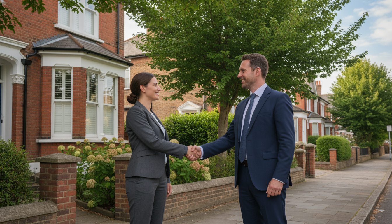 A professional handshake between two people in front of a classic Victorian-style red brick house in a leafy UK suburb.