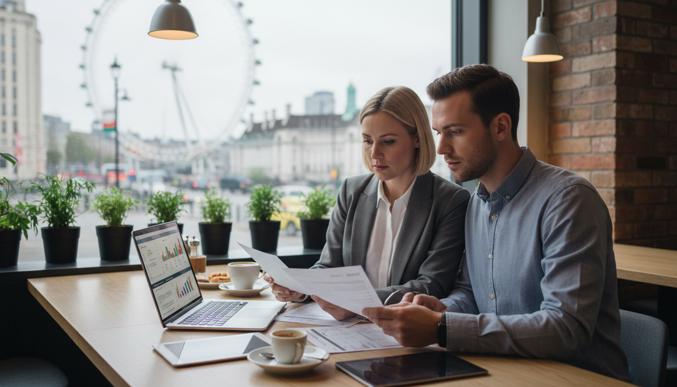 A professional looking expat couple sitting in a bright, modern London cafe discussing insurance documents on a laptop, with a blurred view of the London Eye through the window.