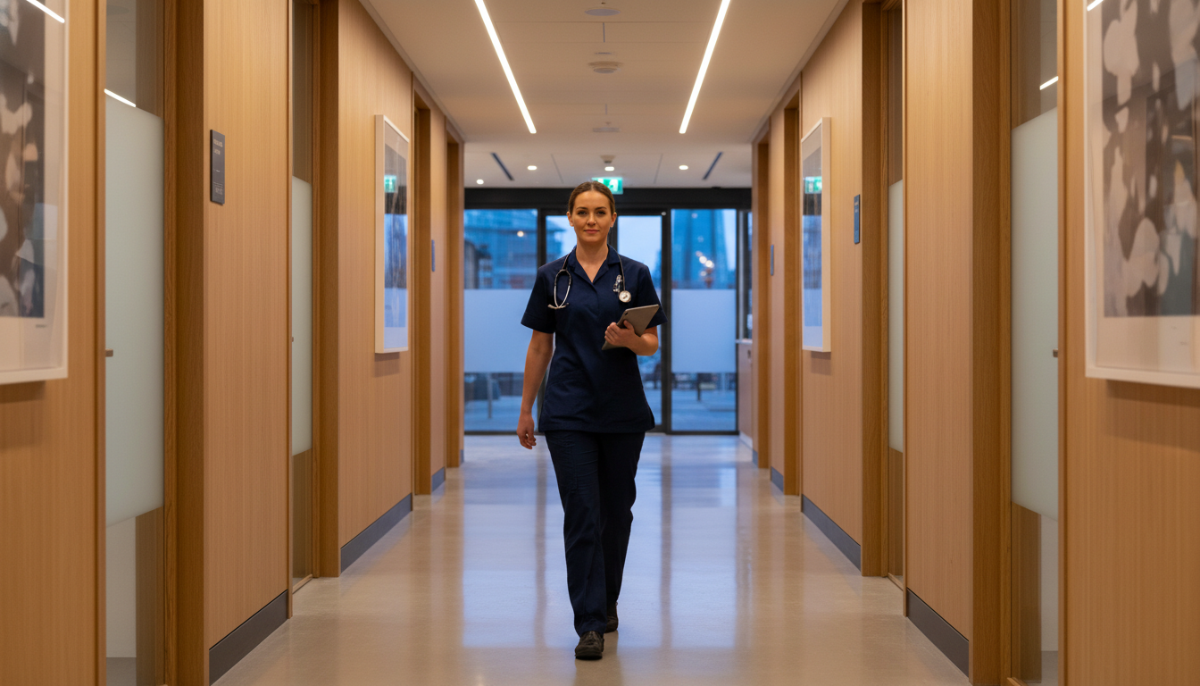 A sleek, modern private hospital corridor in London with wooden panels, warm lighting, and a professional nurse walking toward the camera.