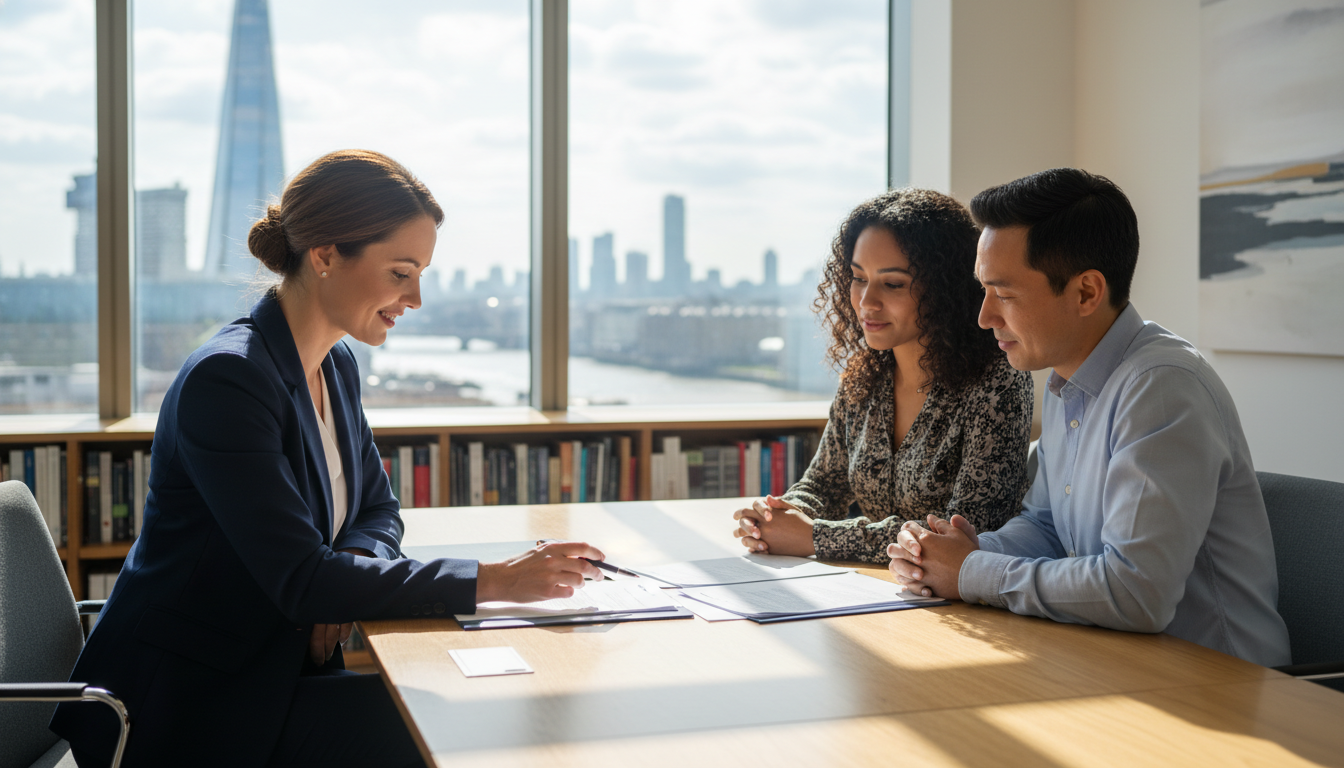 A professional female immigration lawyer in a modern, sunlit London office, smiling warmly while explaining documents to an international couple from a diverse background.