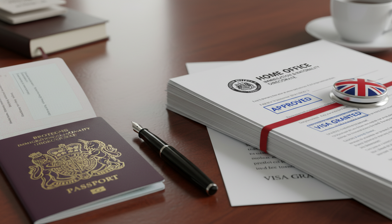 A close-up shot of a mahogany desk featuring a British passport, a fountain pen, and a stack of legal documents with the 'Home Office' logo visible, representing a successful visa application process.