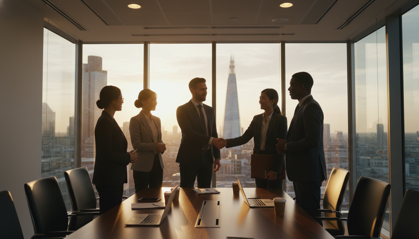 A diverse group of professional investors and an expat founder shaking hands in a modern, glass-walled conference room in the City of London, cinematic lighting, corporate-chic style.