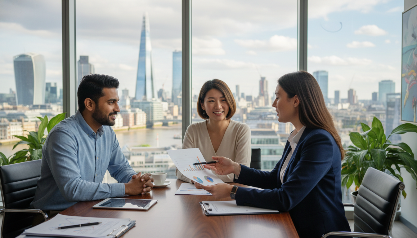A professional financial advisor in a modern, glass-walled London office discussing documents with a diverse expat couple, city skyline visible through the window, soft natural lighting, high-resolution photography