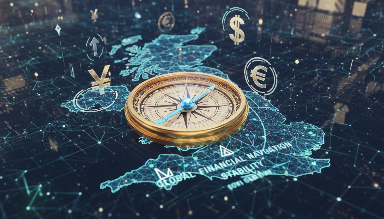 A conceptual 3D render of a golden compass resting on a digital map of the UK, with floating icons of different global currencies like Yen, Dollars, and Euros, symbolizing global financial navigation and stability