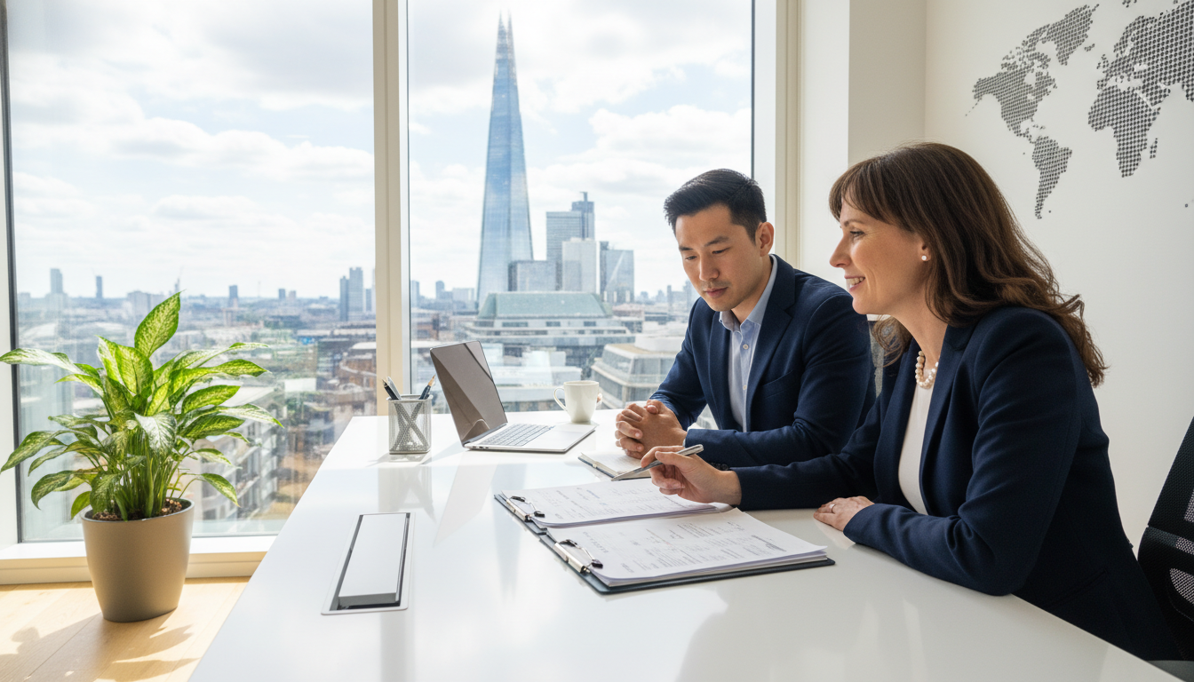 A professional accountant in a bright, modern London office sitting across from a diverse expat couple, explaining tax documents with a friendly smile, a view of the Shard visible through the window.