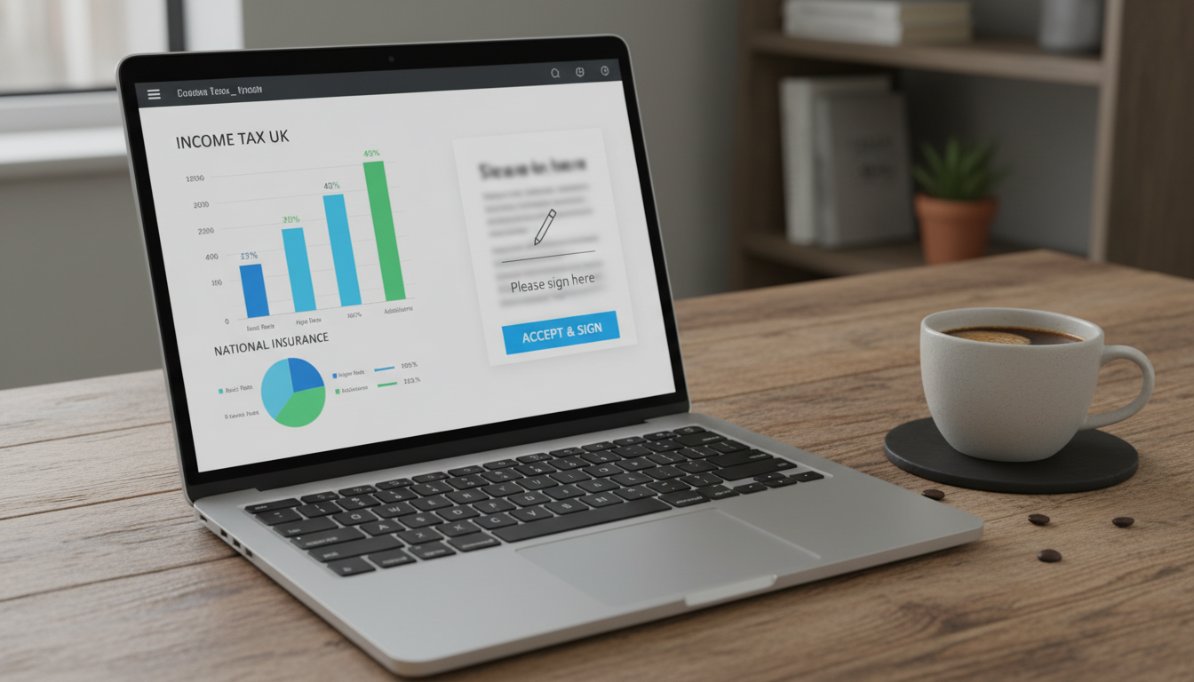 A close-up of a high-end laptop and a cup of coffee on a wooden desk, the screen showing a clean financial dashboard with UK tax charts and a digital signature prompt.