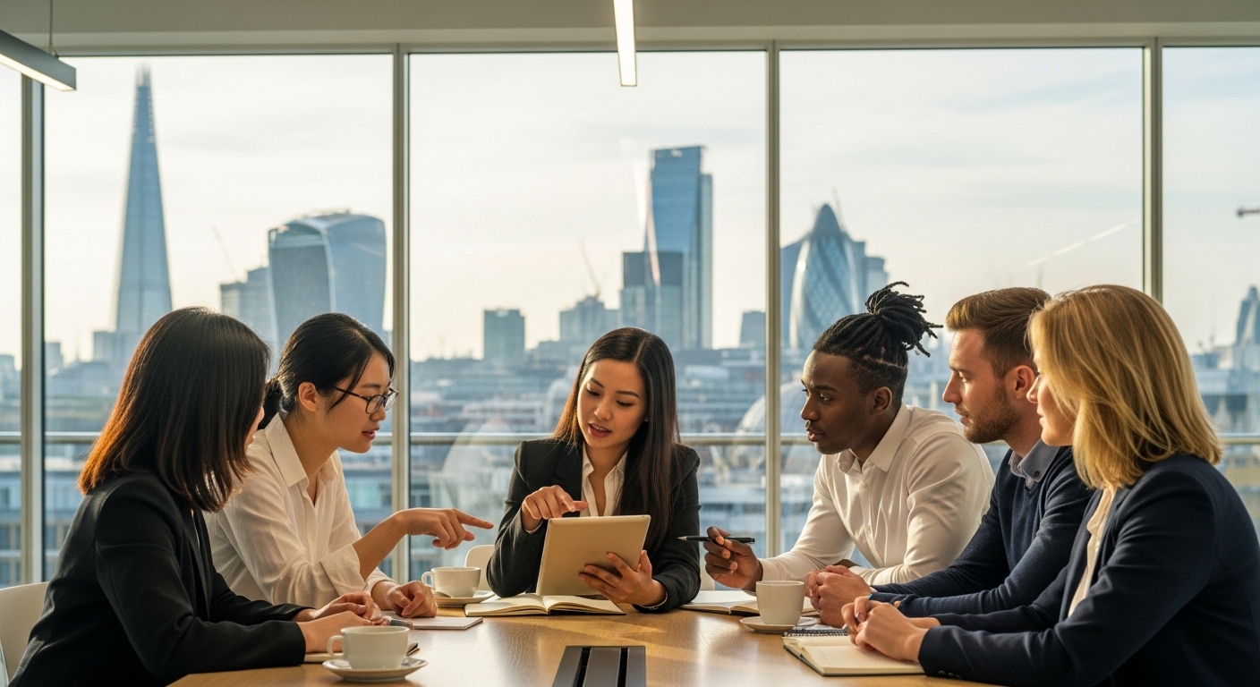 A diverse group of young entrepreneurs in a modern, glass-walled London co-working space, discussing a business plan over tablets and coffee, high-end professional photography style