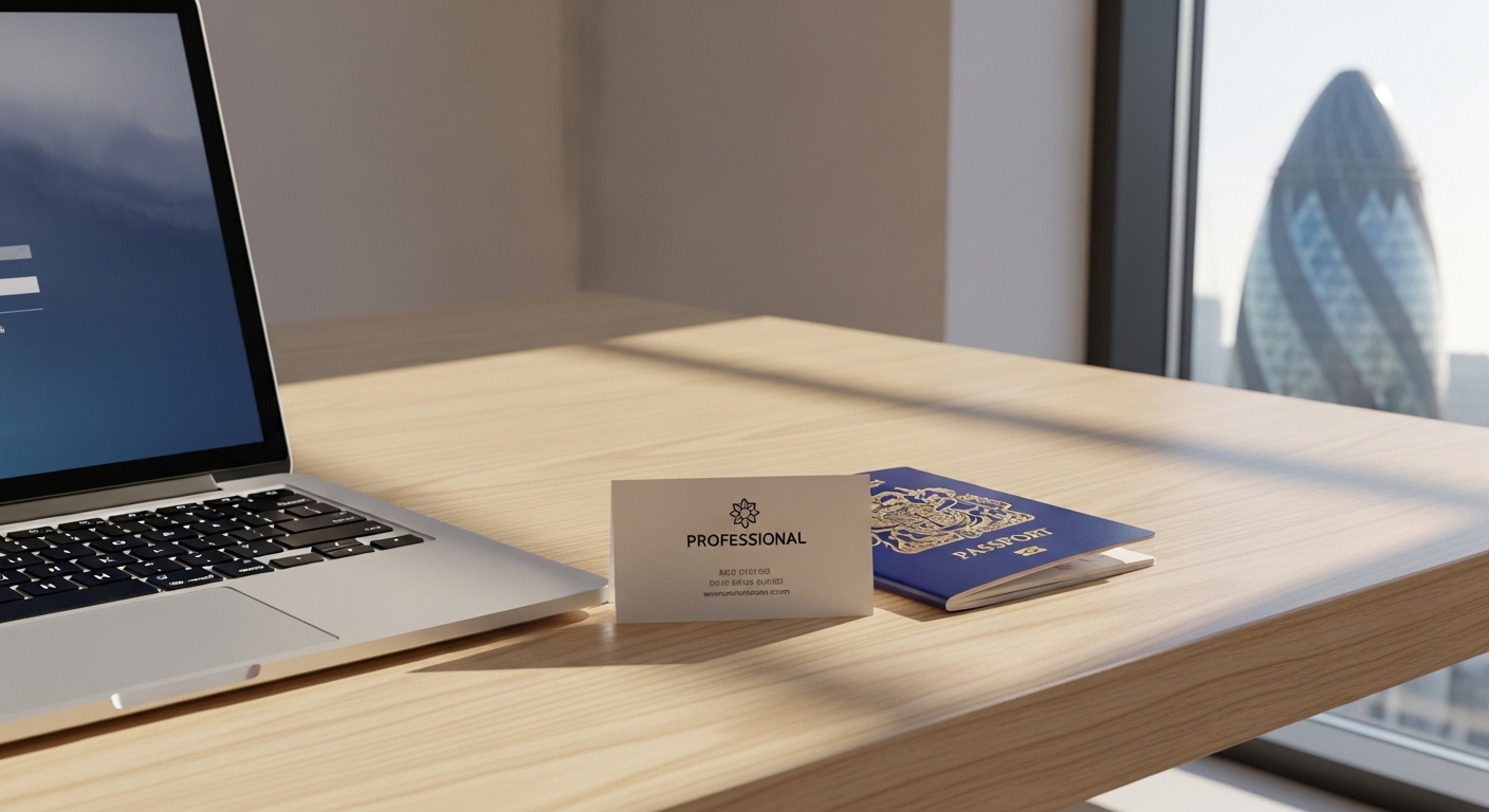 A minimalist wooden desk featuring a silver laptop, a UK passport, a professional business card, and a window view of the London Gherkin building, soft morning sunlight