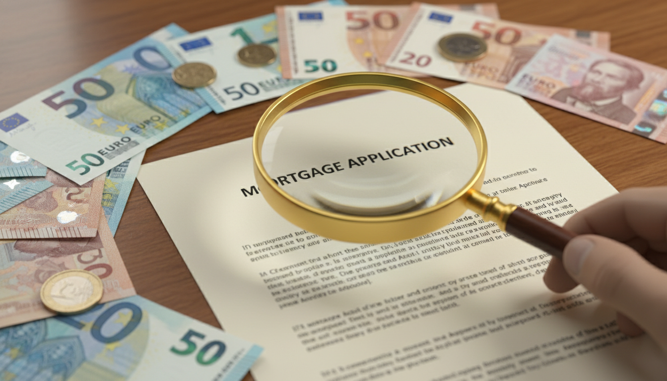 A close-up of a magnifying glass over a document with 'Mortgage Application' written at the top, surrounded by various international currency notes like Euros, Dollars, and Pounds, symbolizing the global nature of expat finance, professional and clean aesthetic.