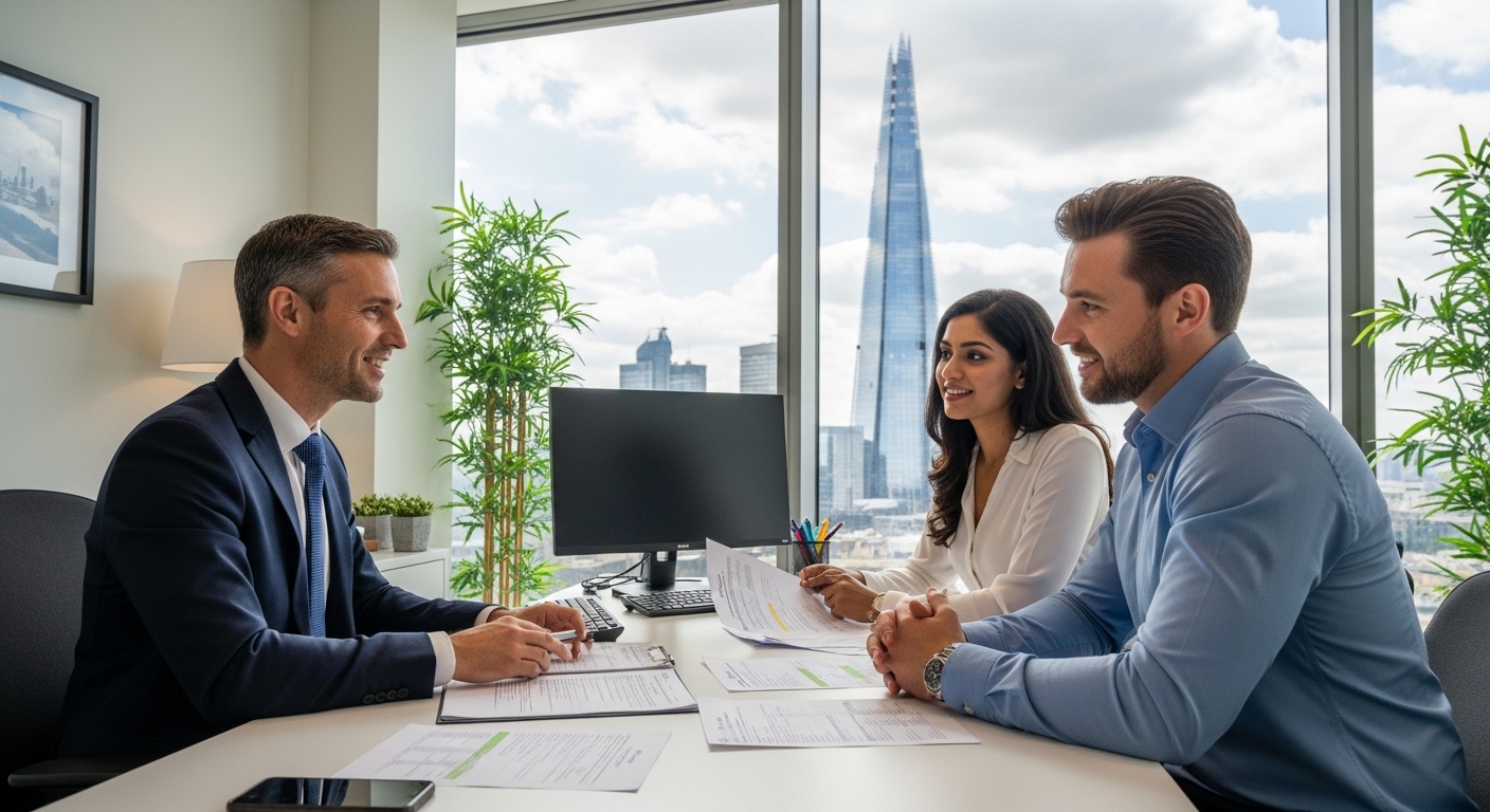 A professional tax consultant sitting across from a diverse couple in a modern London office, with a view of the Shard in the background, discussing financial documents in a relaxed atmosphere.
