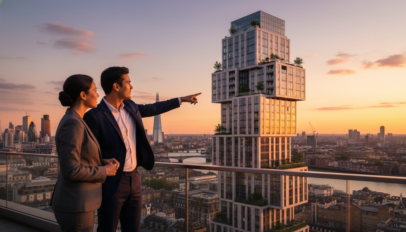 A professional expat couple looking at a modern residential apartment building in London's skyline, sunset lighting, high-quality architectural photography