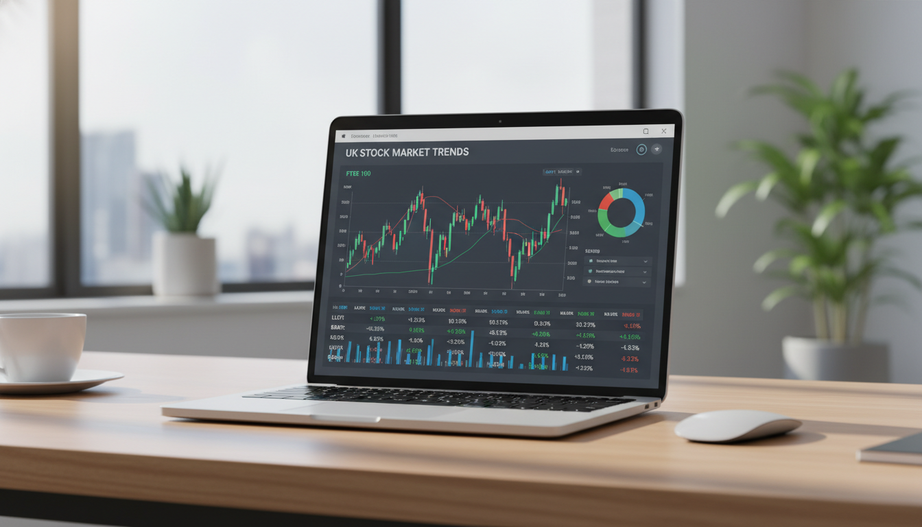 A clean, modern digital dashboard showing UK stock market trends, FTSE 100 graphs, on a sleek laptop screen in a bright office environment
